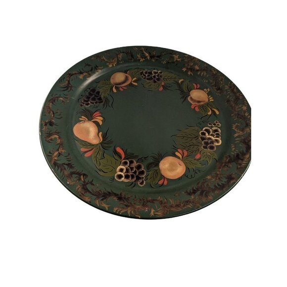 Large   handprinted tray  green floral Toll  metal round 18 3/4in pears grapes - Picture 1 of 7